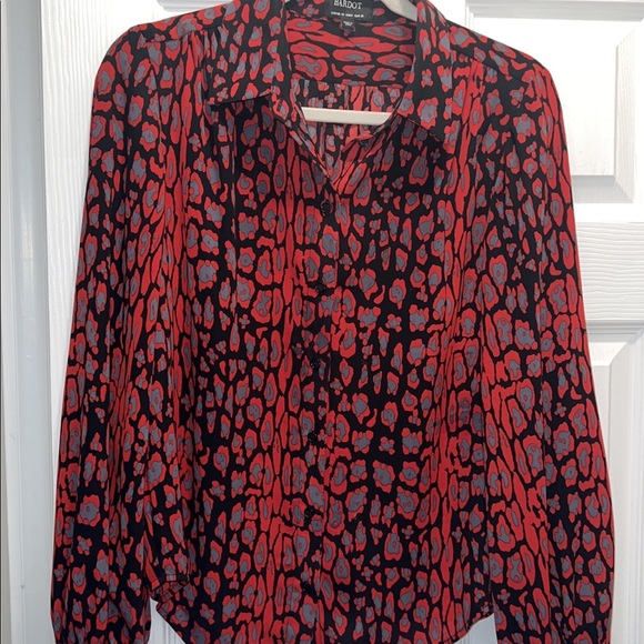 Bardot Mona Leopard Blouse Red Grey Black Collared Shirt Small Silky Long Sleeve - Picture 9 of 11
